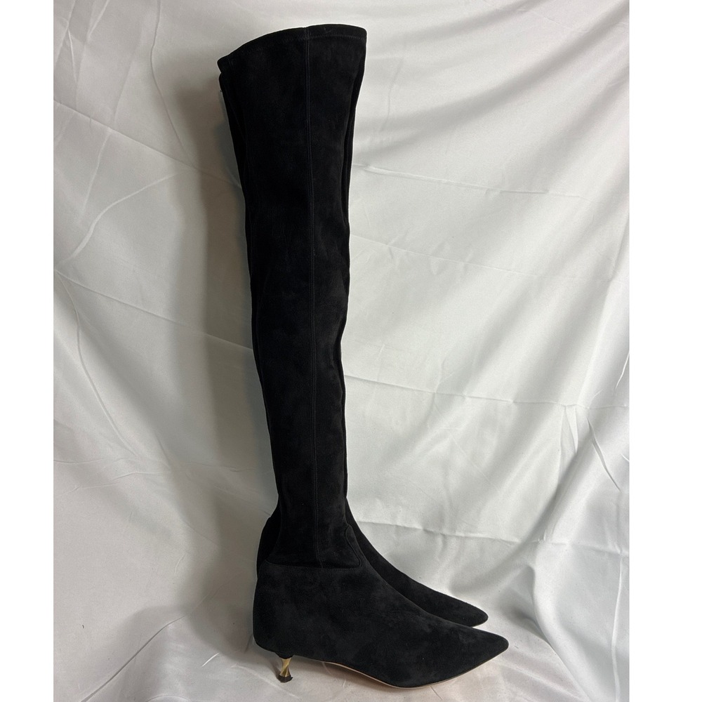 Valentino Garavani Black Suede Over The Knee Boots Gold Kitten Heel Size 36.5